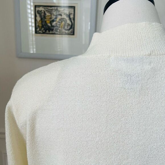 Vintage Alfred Dunner Petite Ivory Mock Neck Knit Top Beaded Leaves Subtle Green - Picture 6 of 8